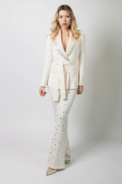 Silence-Luxury-Tailleur Bianco con Specchietti e Cinta in Vita