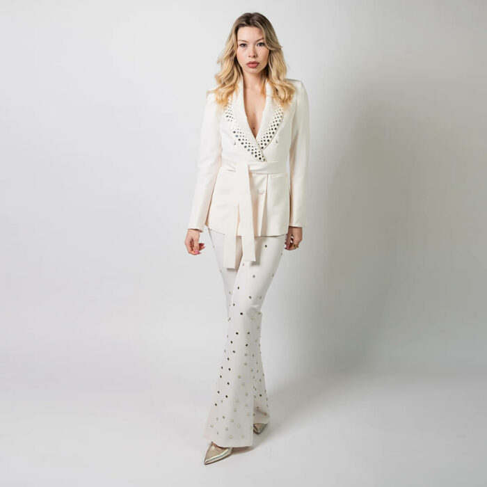 Silence-Luxury-Tailleur Bianco con Specchietti e Cinta in Vita