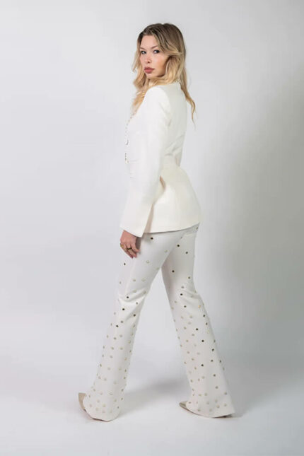 Silence-Luxury-Tailleur Bianco con Specchietti e Cinta in Vita