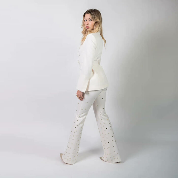 Silence-Luxury-Tailleur Bianco con Specchietti e Cinta in Vita